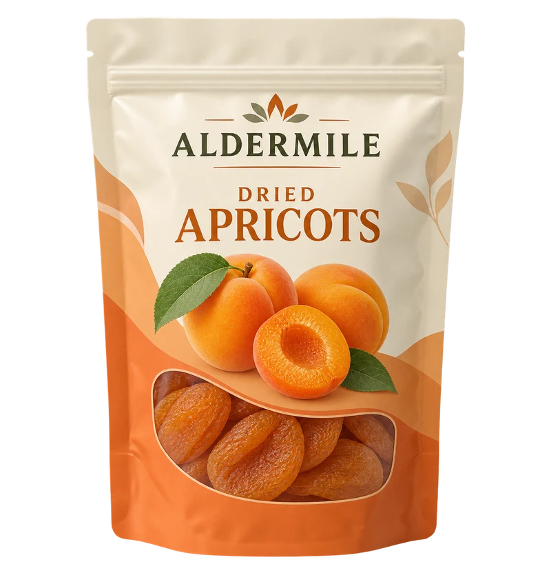 A resealable stand-up pouch with cream and muted apricot-orange artwork, tasteful printed apricot illustration, with fictional ALDERMILE branding.
