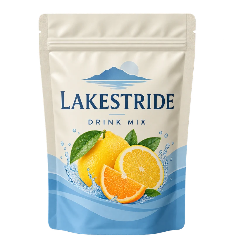 A resealable pouch of citrus beverage powder with ivory and soft blue artwork, printed citrus illustration, with fictional LAKESTRIDE branding.