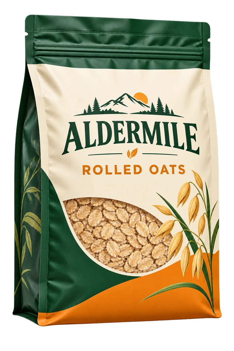 One resealable stand-up pouch of rolled oats with cream, evergreen and warm orange artwork, with fictional ALDERMILE branding.