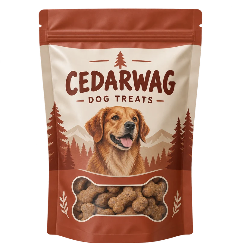 A wide resealable flat-bottom pet treat bag with muted rust and cream artwork, small original dog illustration, with fictional CEDARWAG branding.