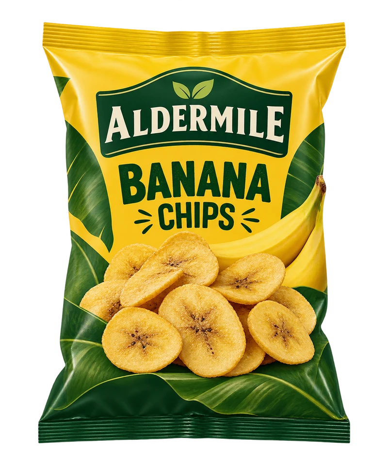 A crisp centre-seal snack pouch with warm yellow and dark green artwork and printed banana chip illustration, with fictional ALDERMILE branding.