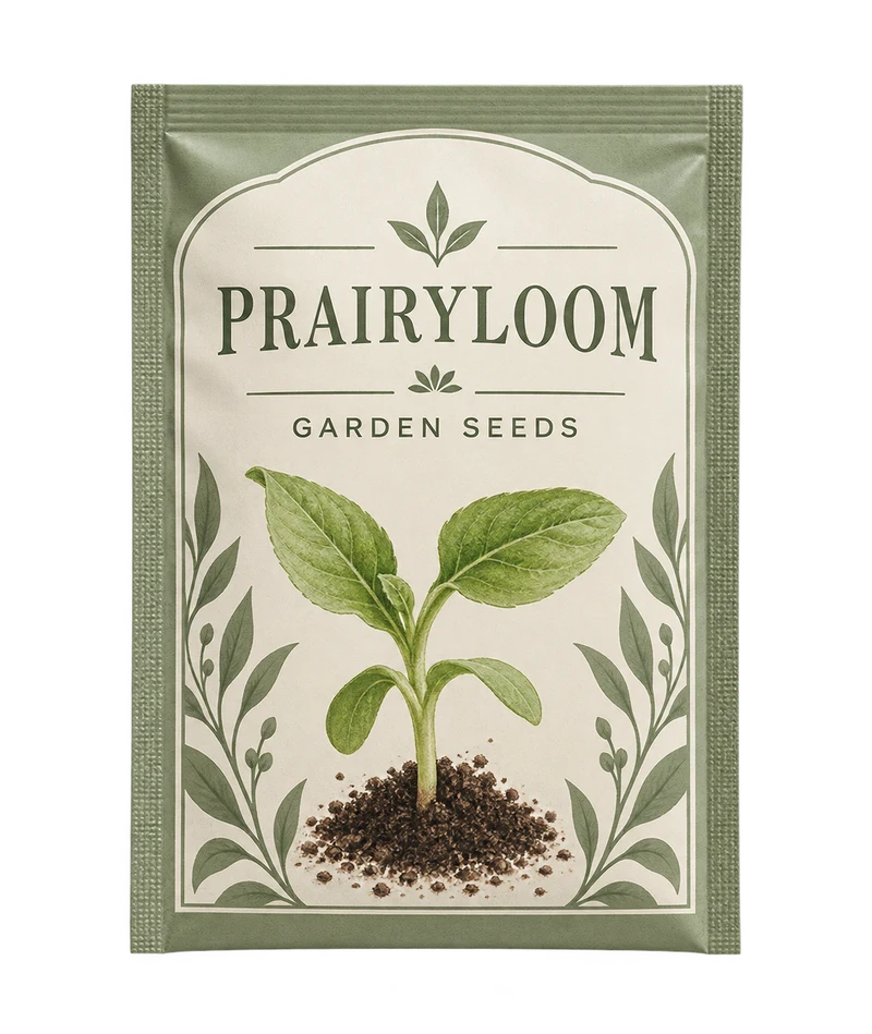 A flat three-side-sealed seed envelope with sage and ivory artwork, printed seedling illustration, with fictional PRAIRYLOOM branding.