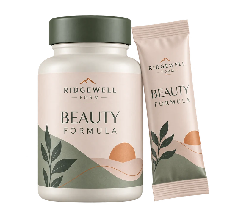 One ivory supplement bottle and one powder sachet with restrained blush labels, with fictional RIDGEWELL FORM branding.