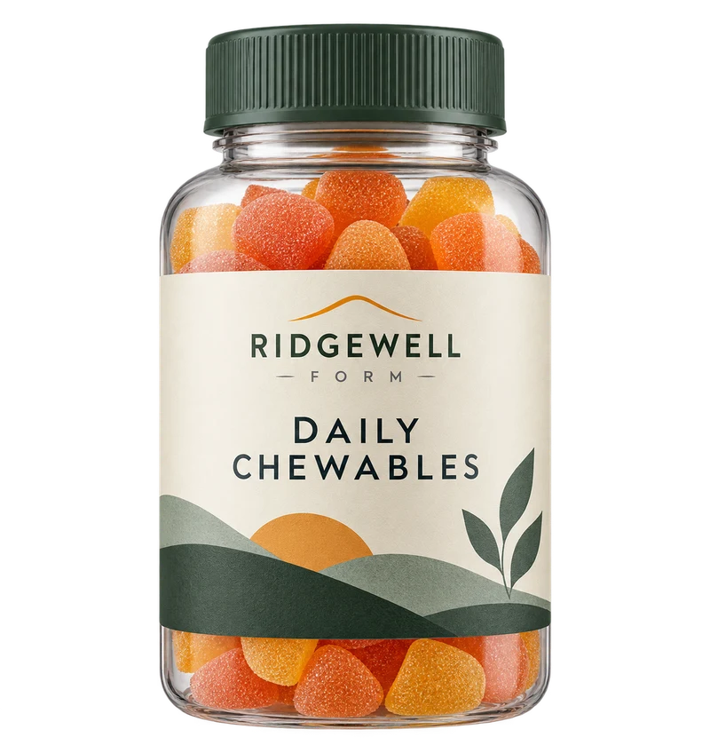 One sealed clear vitamin chewables jar with cream label, with fictional RIDGEWELL FORM branding.