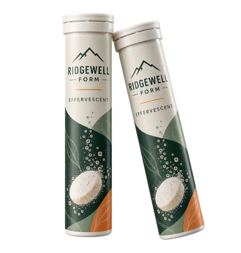 One slim capped effervescent-tablet tube and a second tube angled beside it, with fictional RIDGEWELL FORM branding.