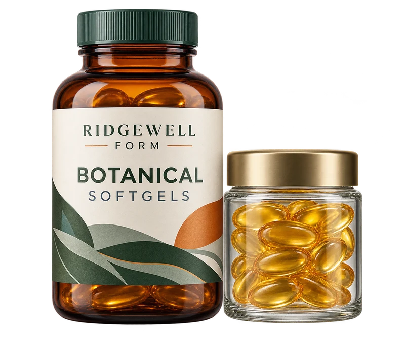 One amber supplement bottle and a sealed clear small jar containing golden softgels, with fictional RIDGEWELL FORM branding.