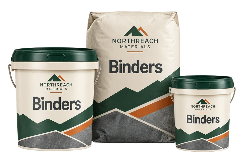 Sealed powder tubs and a compact paper sack concept with fictional NORTHREACH MATERIALS branding.