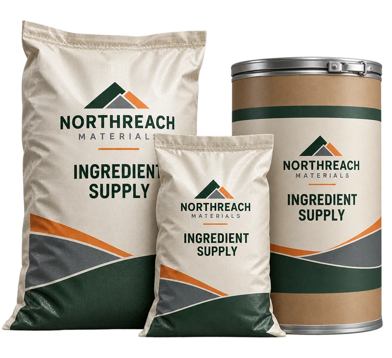 Sealed ingredient shipping sacks and a tamper-evident fibre drum concept with fictional NORTHREACH MATERIALS branding.