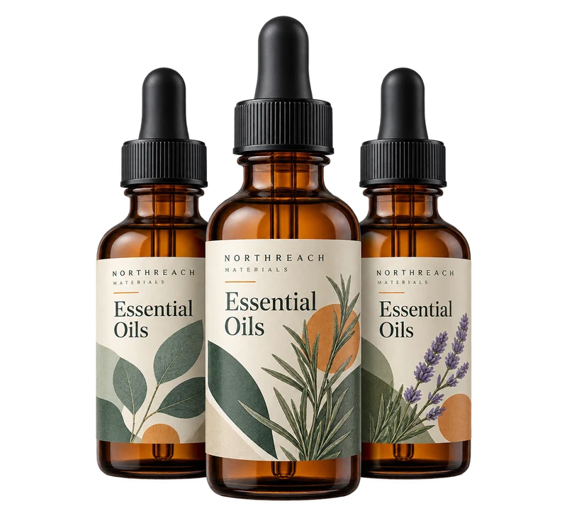 Sealed amber oil bottles with dropper closures concept with fictional NORTHREACH MATERIALS branding.