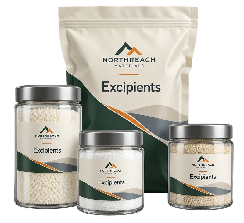 Sealed granule sample jars and a lined ingredient bag concept with fictional NORTHREACH MATERIALS branding.