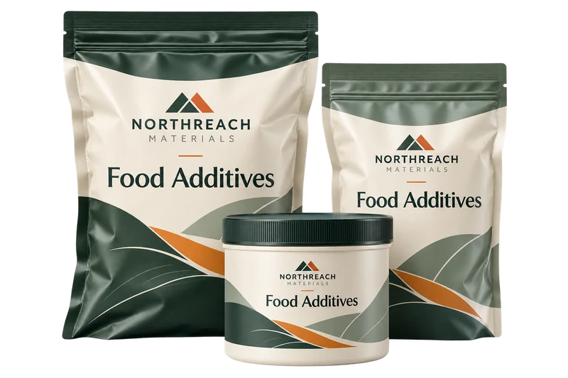 Sealed food ingredient bags and a sample tub concept with fictional NORTHREACH MATERIALS branding.