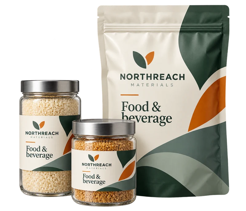 Sealed granule samples in jars beside a lined food ingredient bag concept with fictional NORTHREACH MATERIALS branding.