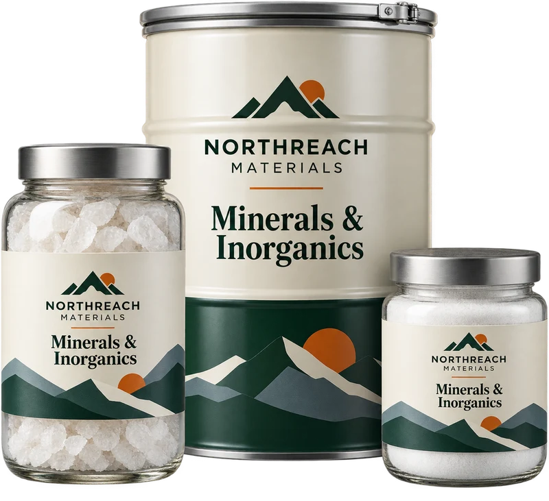 Sealed mineral salt jars and a compact drum concept with fictional NORTHREACH MATERIALS branding.