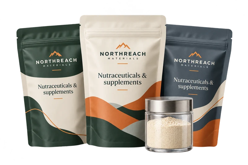 Three sealed powder sample pouches with a slim clear sample jar concept with fictional NORTHREACH MATERIALS branding.