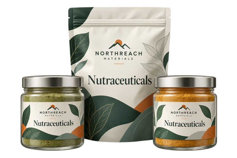 Sealed botanical powder sample jars and a resealable bag concept with fictional NORTHREACH MATERIALS branding.