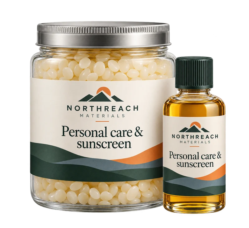 Sealed wax pellet jar and oil sample bottle concept with fictional NORTHREACH MATERIALS branding.