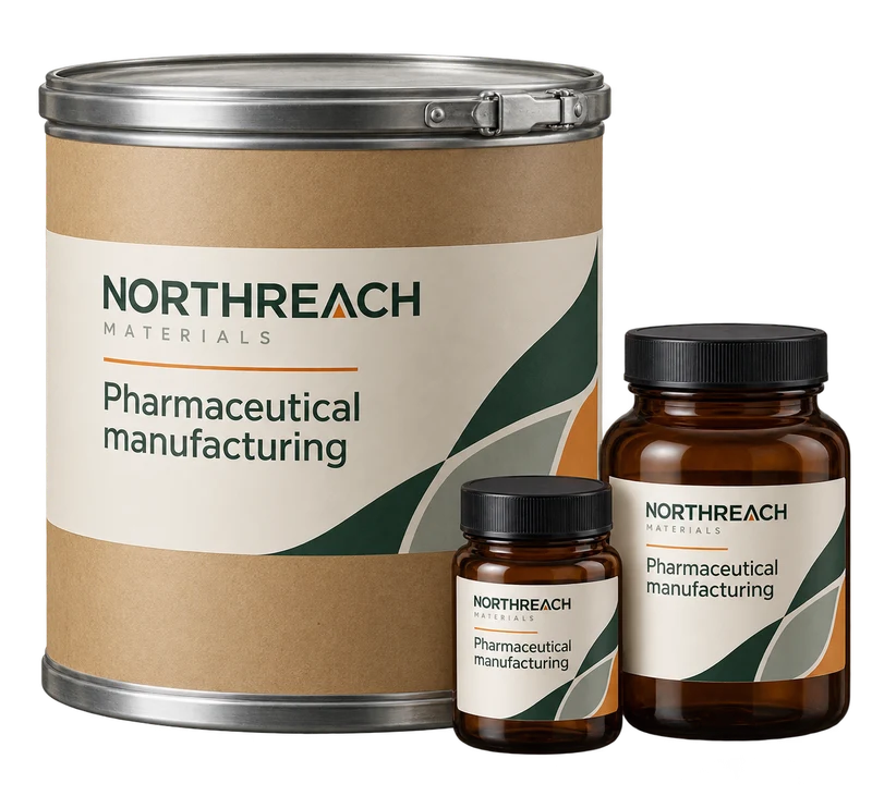 A sealed fibre ingredient drum and two amber sample jars concept with fictional NORTHREACH MATERIALS branding.