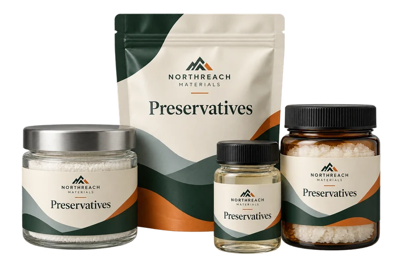 Small sealed sample jars and a flat sample pouch concept with fictional NORTHREACH MATERIALS branding.