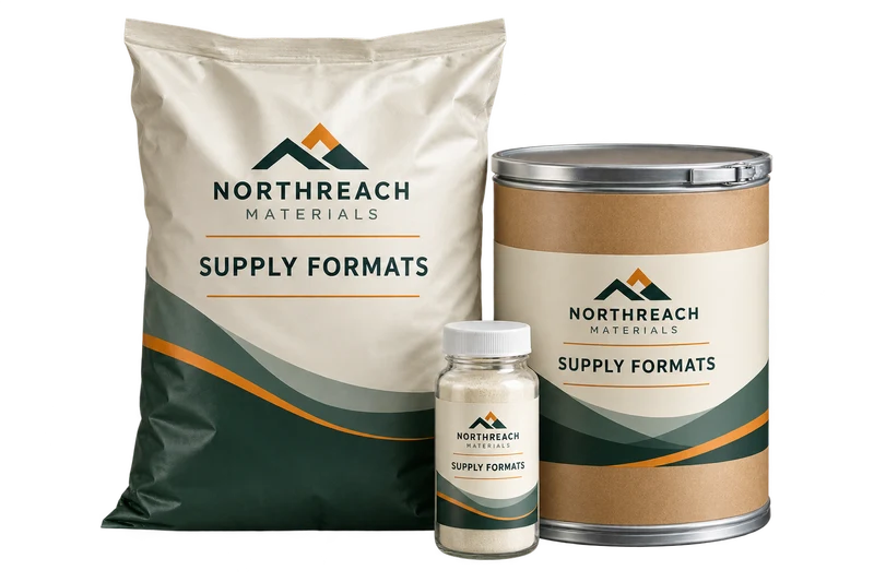A large lined ingredient bag beside a compact fibre drum and sealed sample vial concept with fictional NORTHREACH MATERIALS branding.