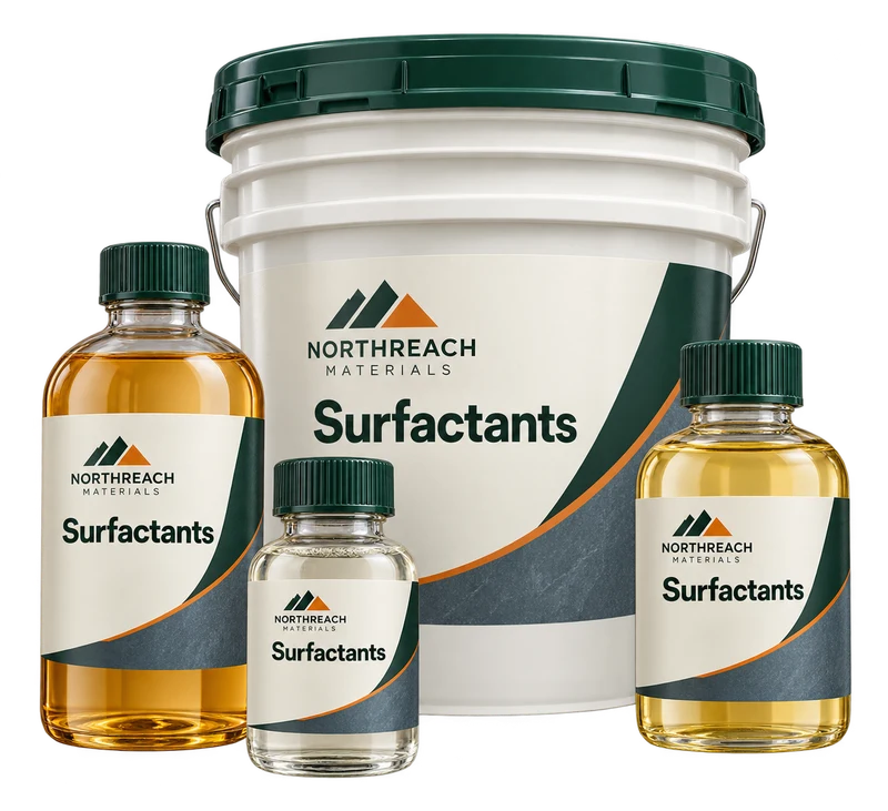 Sealed liquid sample bottles and a closed pail concept with fictional NORTHREACH MATERIALS branding.