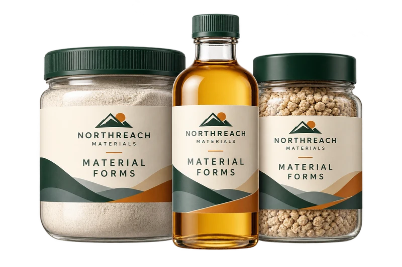 A sealed powder jar, oil bottle and granule jar showing material form variety concept with fictional NORTHREACH MATERIALS branding.