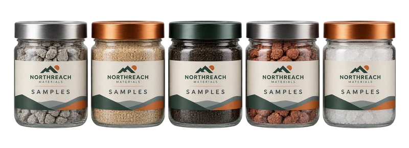 A straight row of labelled sealed ingredient sample jars concept with fictional NORTHREACH MATERIALS branding.