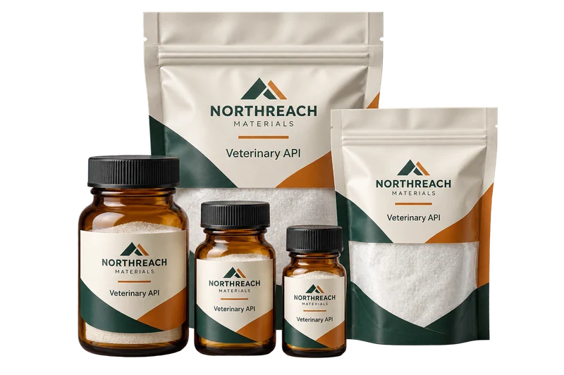 Sealed powder sample bags and amber sample vials concept with fictional NORTHREACH MATERIALS branding.