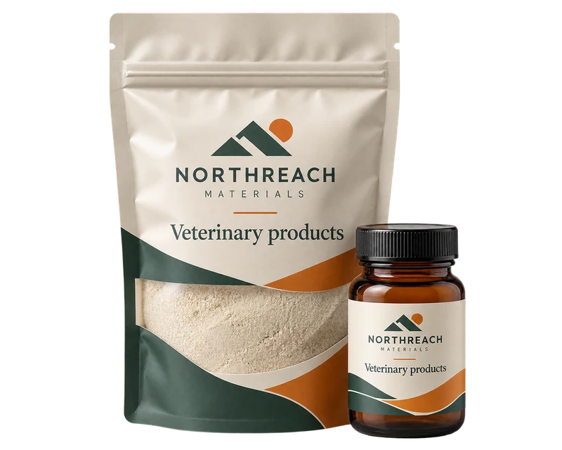A sealed powder sample bag beside a short amber sample bottle concept with fictional NORTHREACH MATERIALS branding.