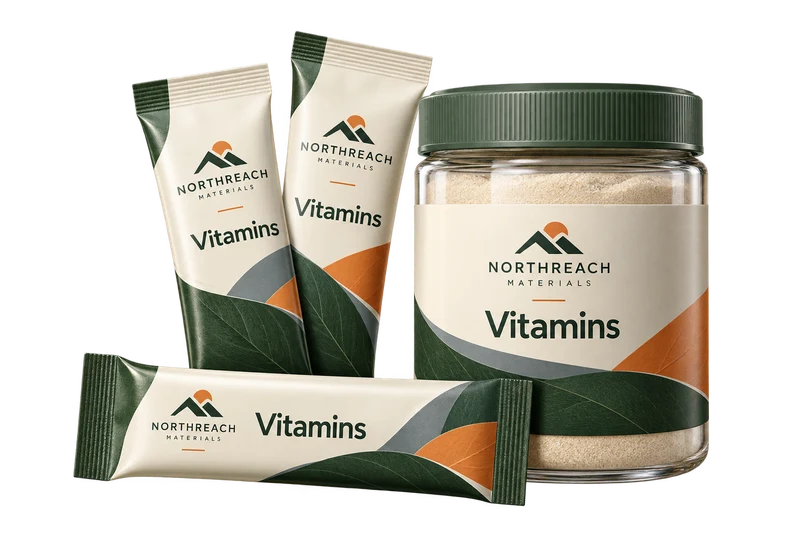 Sealed vitamin powder sachets and a clear sample jar concept with fictional NORTHREACH MATERIALS branding.