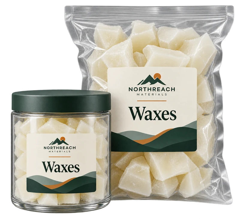 Wax blocks inside a clear closed sample jar and a sealed wax bag concept with fictional NORTHREACH MATERIALS branding.