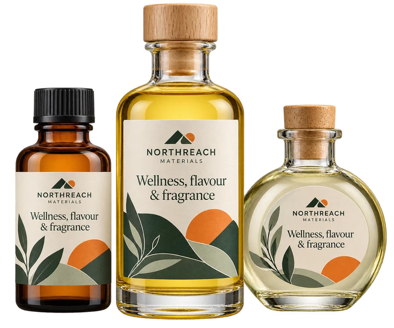 A trio of sealed oil sample bottles in varied shapes concept with fictional NORTHREACH MATERIALS branding.