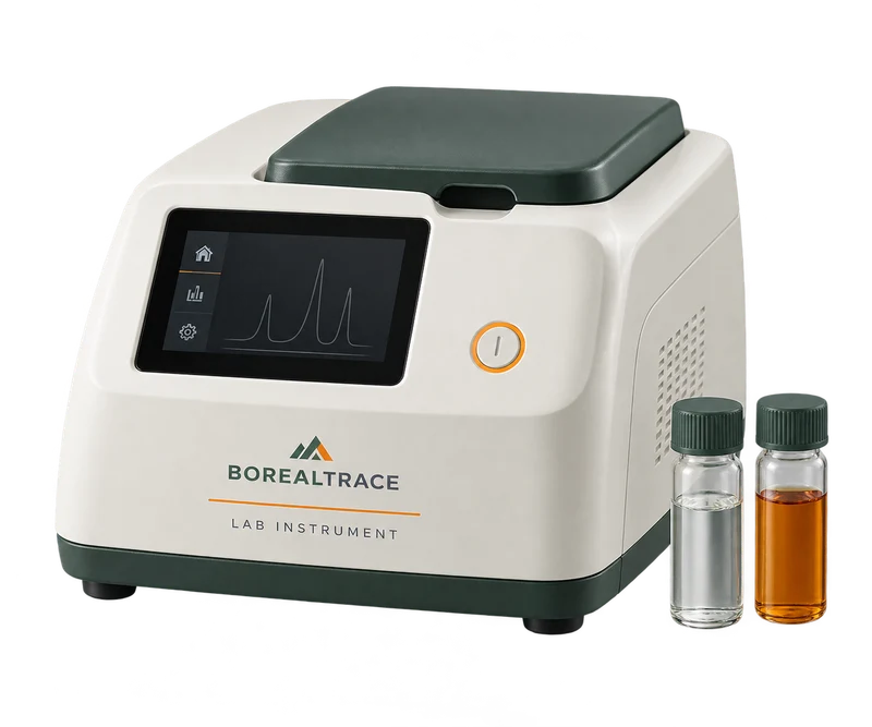 One compact benchtop analytical instrument, white housing, small dark screen, two capped sample vials alongside, with fictional BOREALTRACE branding.