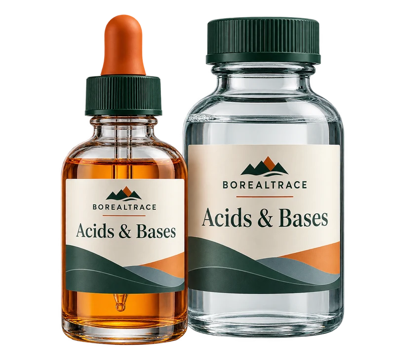 Acid and alkali reagent bottles, one with a drip cap concept with fictional BOREALTRACE branding.