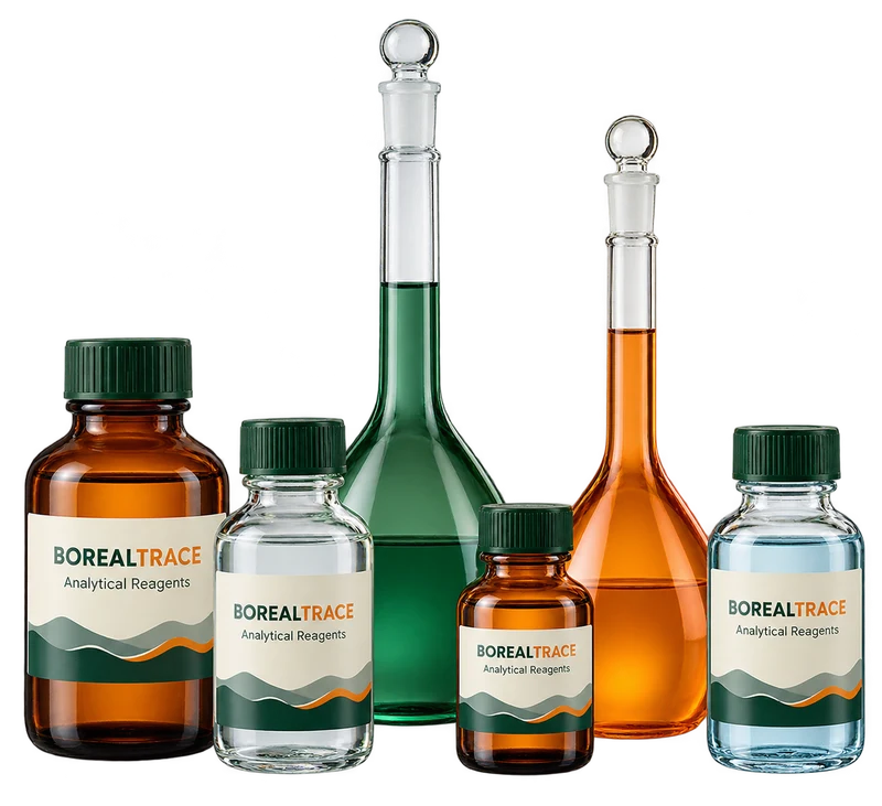 Volumetric flasks and sealed standard solution bottles concept with fictional BOREALTRACE branding.