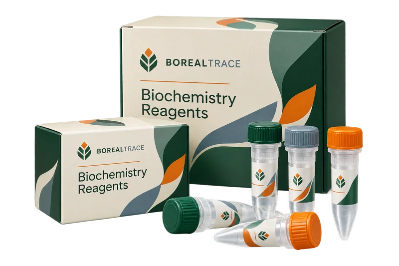 Assay kit boxes and capped microtubes concept with fictional BOREALTRACE branding.