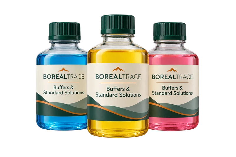 Three pH buffer bottles with distinct coloured liquids concept with fictional BOREALTRACE branding.