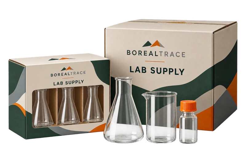 Boxed glassware and a closed reagent supply carton concept with fictional BOREALTRACE branding.