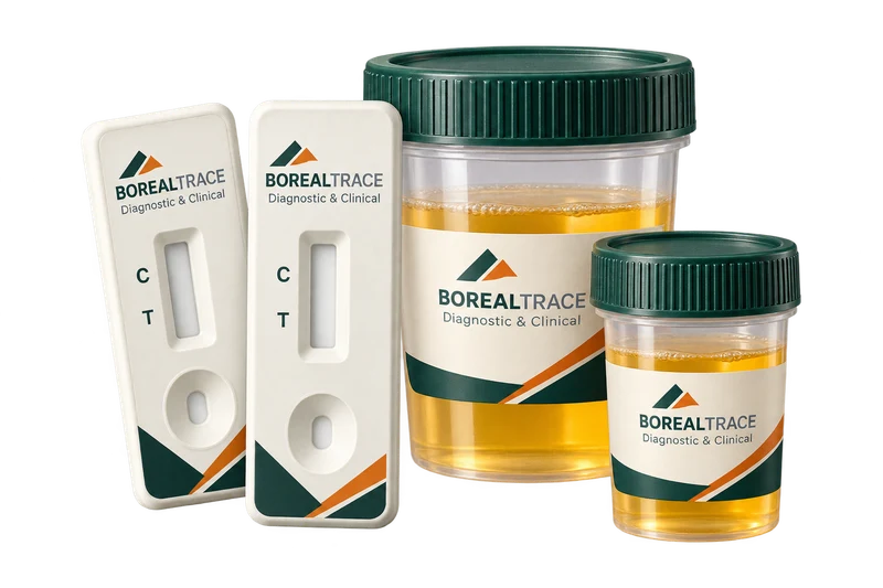 Unused test cassettes and closed sample cups concept with fictional BOREALTRACE branding.