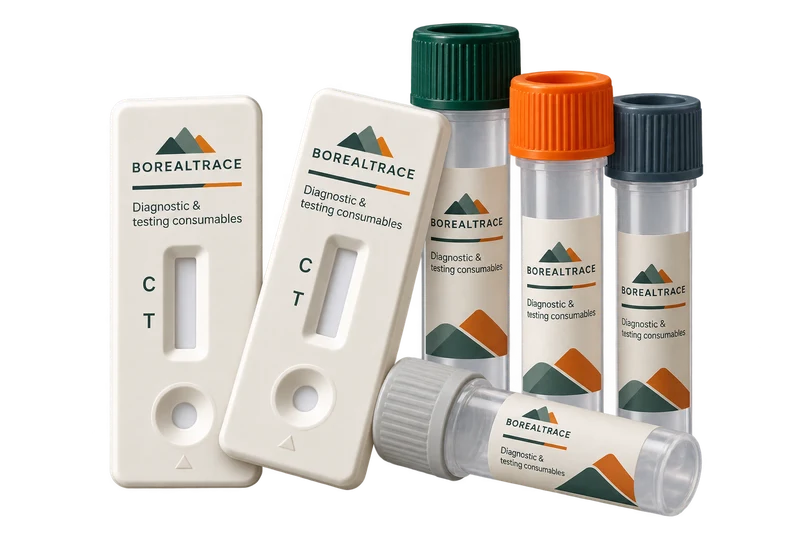 Unused diagnostic cassettes and capped sample tubes concept with fictional BOREALTRACE branding.