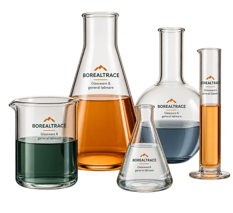 Beakers and flasks concept with fictional BOREALTRACE branding.