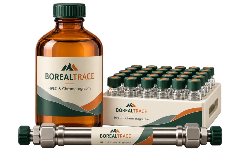 HPLC solvent bottle, vial tray and column cartridge concept with fictional BOREALTRACE branding.