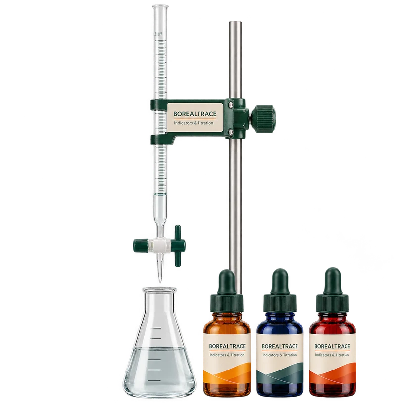 A complete burette and indicator dropper bottles concept with fictional BOREALTRACE branding.