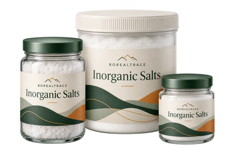 White salt jars and a sealed powder tub concept with fictional BOREALTRACE branding.