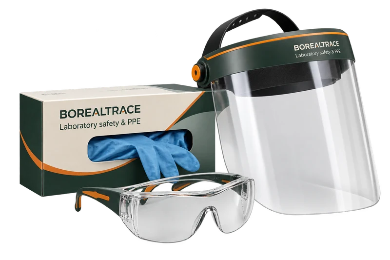 A gloves box, safety glasses and face shield concept with fictional BOREALTRACE branding.