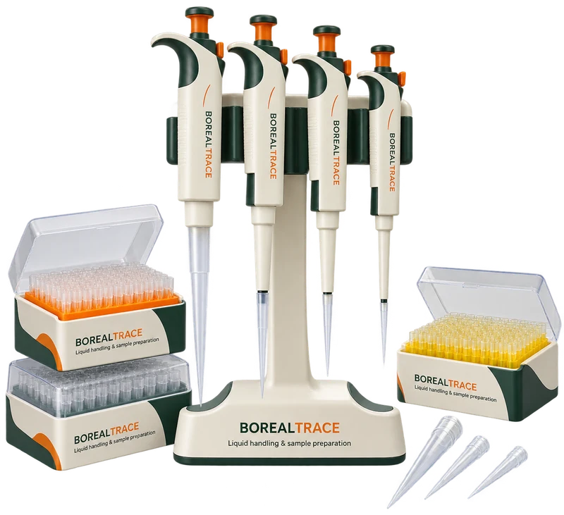 Pipettes and tip racks concept with fictional BOREALTRACE branding.