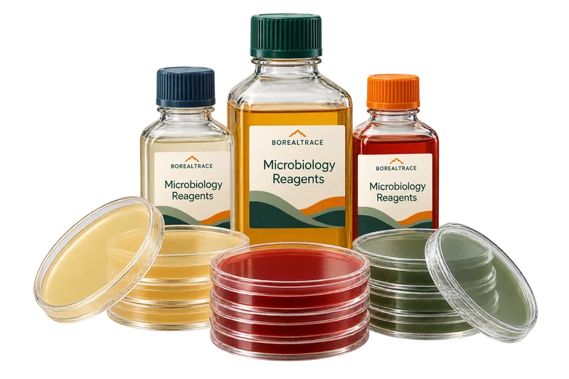 Closed petri dishes and sealed media bottles concept with fictional BOREALTRACE branding.