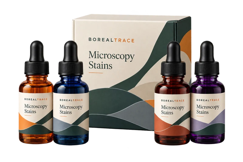 Stain dropper bottles and a closed slide box concept with fictional BOREALTRACE branding.