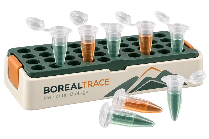 Microcentrifuge tubes and a tube rack concept with fictional BOREALTRACE branding.