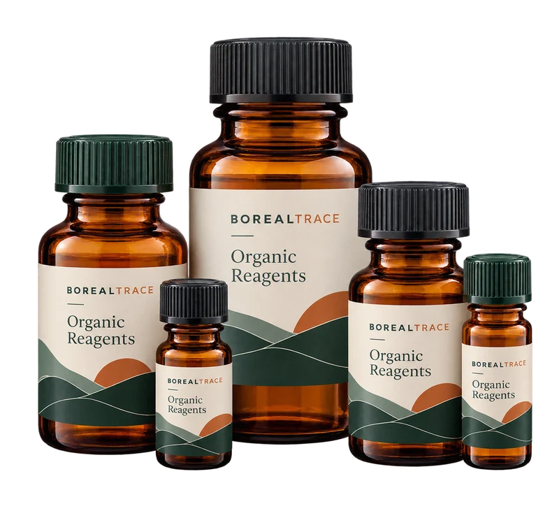 Small amber vials in a rack-less cluster concept with fictional BOREALTRACE branding.