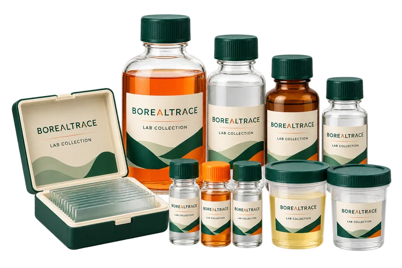 An arranged assortment of reagent bottles, slide box and sealed sample cups concept with fictional BOREALTRACE branding.